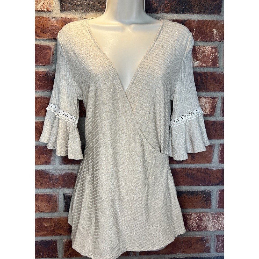Everleigh Faux Ribbed Wrap Top Tan Size S